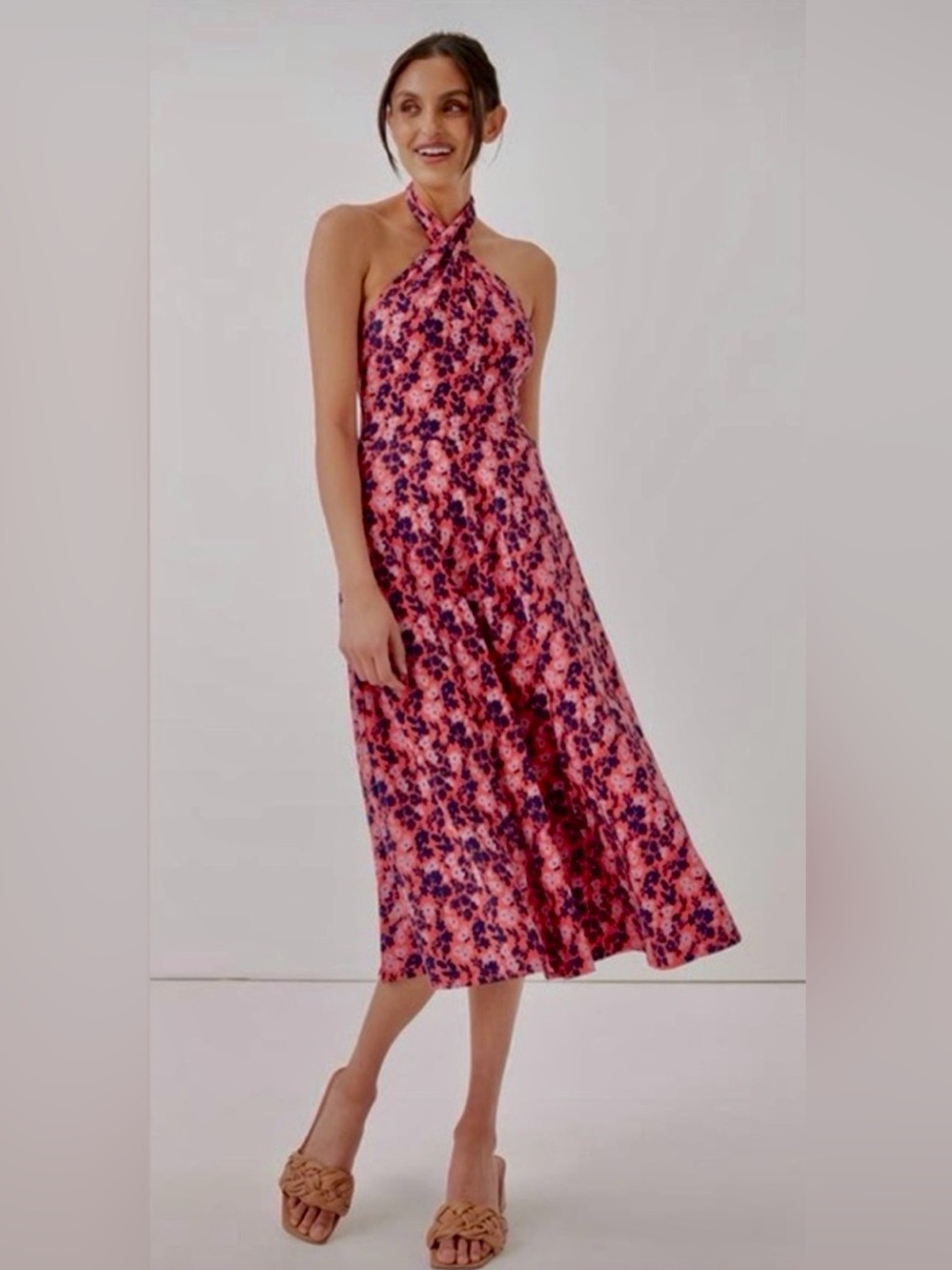 Pact Organic Cotton Floral Halter Midi Dress Pink Navy XXL Summer Sundress